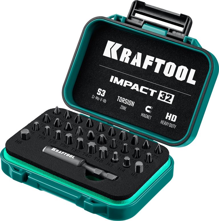 Набор бит ударных торсионных ″Impact 32″, KRAFTOOL 26066-H32,  Cr-Mo-V-Nb,высокоточ.шлицы,ударопр.супербокс, защита от пыли и влаги для  надежн хранен 26066-H32 купить по выгодной цене в Тамбове, характеристики,  фото-Зубр68